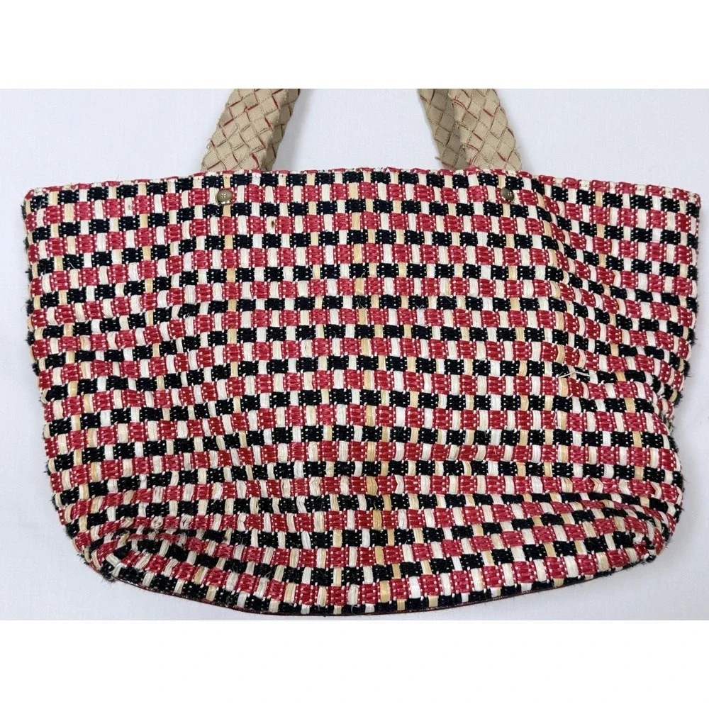Kate Spade Woven Straw Tote Bag Red Black Cream Leather Trim Large Shopper